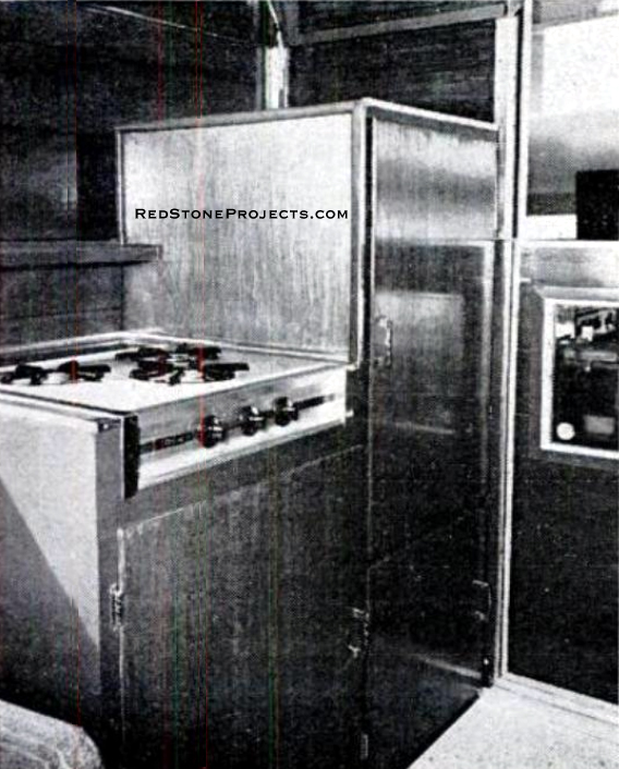 Drop-in stove tops off cabinet that also holds icebox below. Big corner cabinet holds bulky items like sleeping bags.